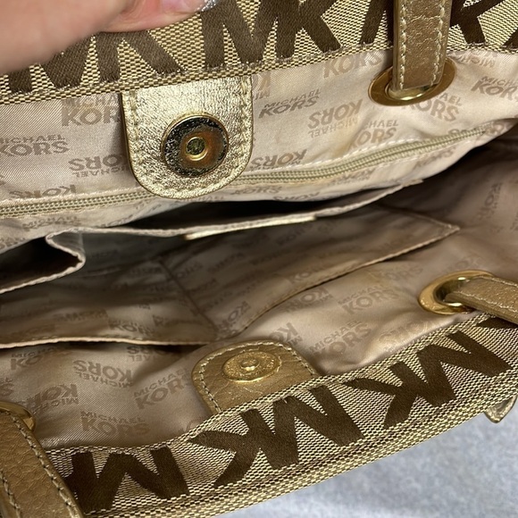 Michael Michael Kors Sequin Gold Tan Logo Large Shopper Tote Bag - Picture 12 of 13